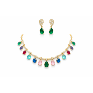 9 Gems Stone Necklace Set in 18K Gold Plated – Elegant Multi-Color Jewellery Set